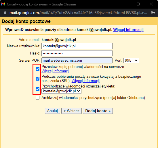 KONFIGUROWANIE KONTA GMAIL W KLIENCIE POCZTY E MAIL INNEJ FIRMY visual data 5